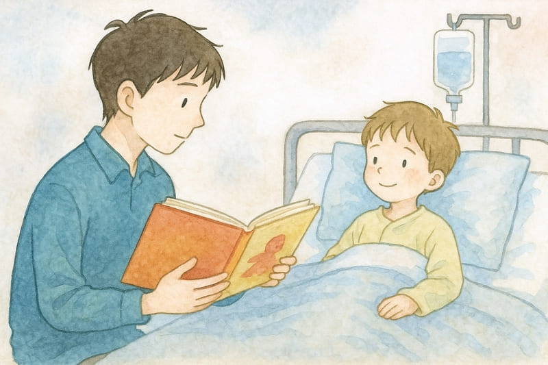 病院入院する弟に絵本を読み聞かせるキョンヘ