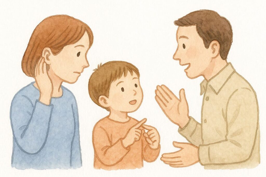 男性の言うことを母親に手話で通訳する子供