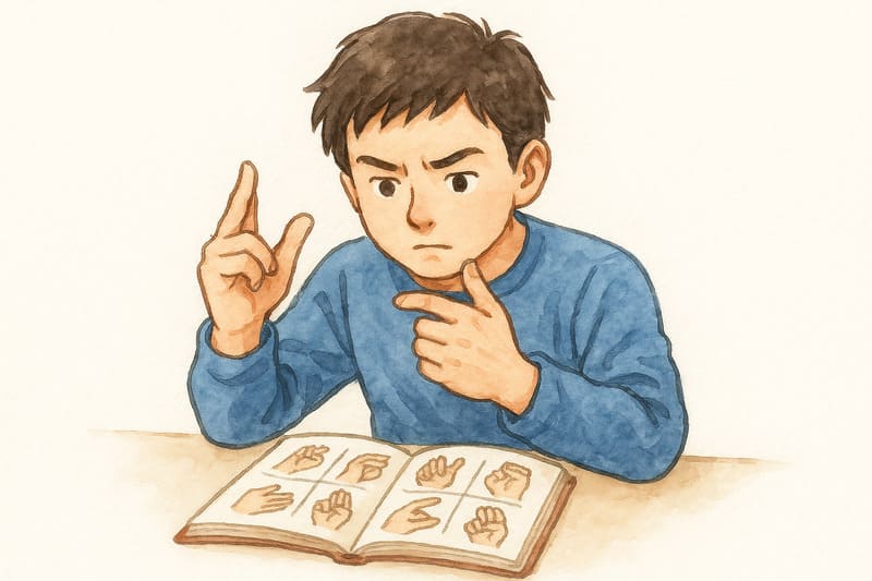 手話を一生懸命学ぶ人