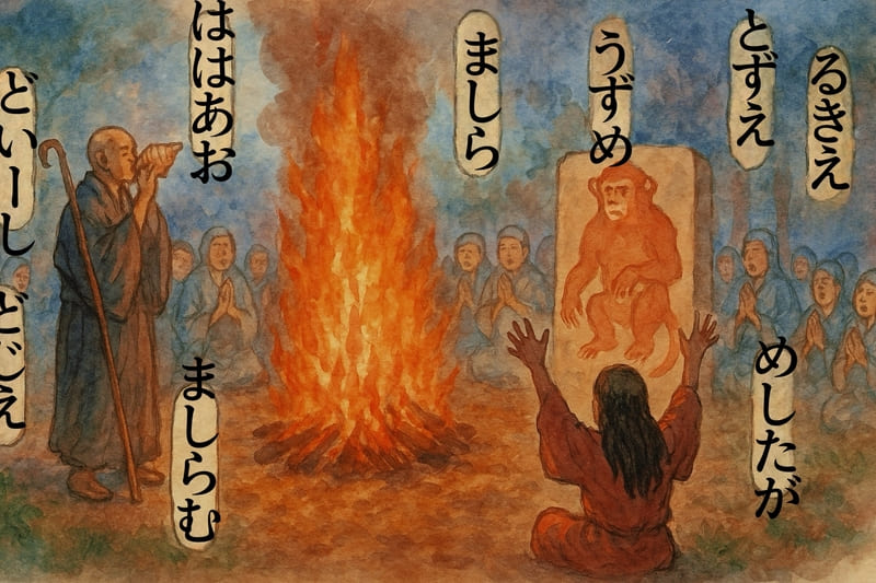 呪文のイメージ。
大昔、猿神を模す石を囲んで呪文を唱える人々
