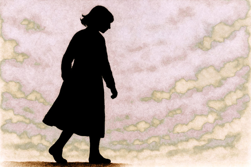片方に偏りながら歩く女性