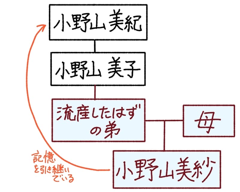 小野山美紀と小野山美子の下に「流産した弟」がいて、これがもしもの世界では生まれてきている。
その弟の娘であるのが小野山美紗。
美紗は小野山美紀の記憶を引き継いでいる。