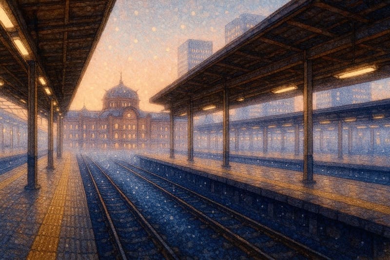 雪の降る朝の東京駅