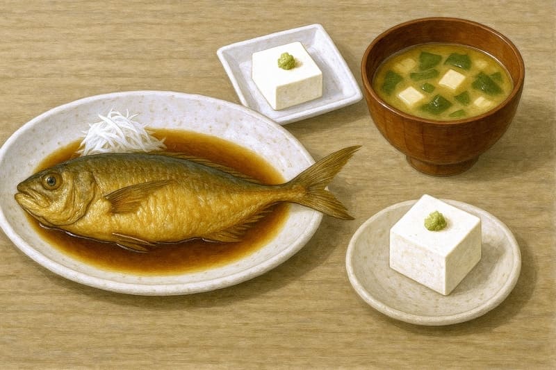 ラストタクヤと梶谷が食べていた、アジの煮つけ、みそ汁、冷ややっこ