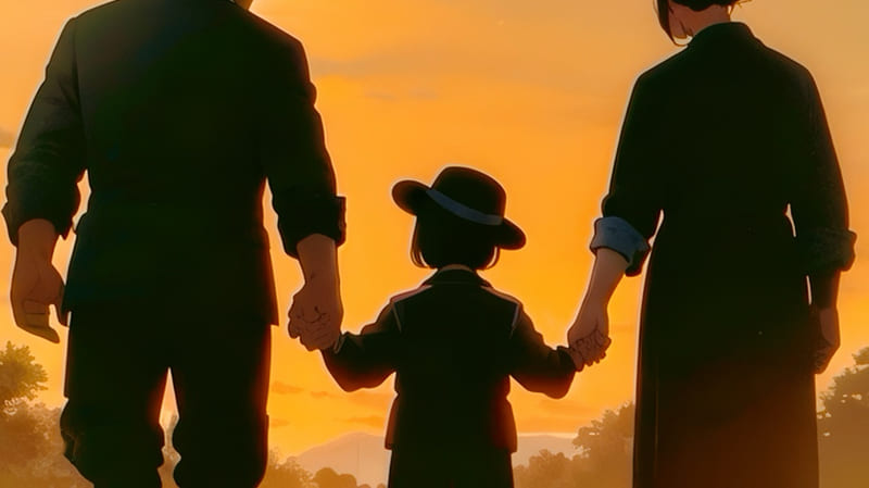 両親と手をつないだ男児