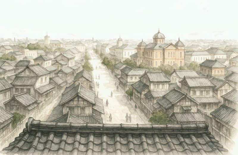 明治時代、東京を屋根から見下ろす構図