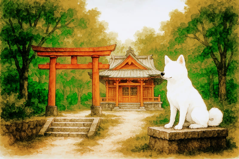 神社と白い犬
