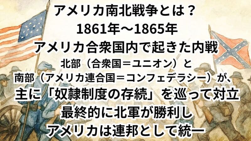 アメリカ南北戦争とは？
 1861年〜1865年
アメリカ合衆国内で起きた内戦
 北部（合衆国＝ユニオン）と
南部（アメリカ連合国＝コンフェデラシー）が、
 主に「奴隷制度の存続」を巡って対立
 最終的に北軍が勝利し
アメリカは連邦として統一
