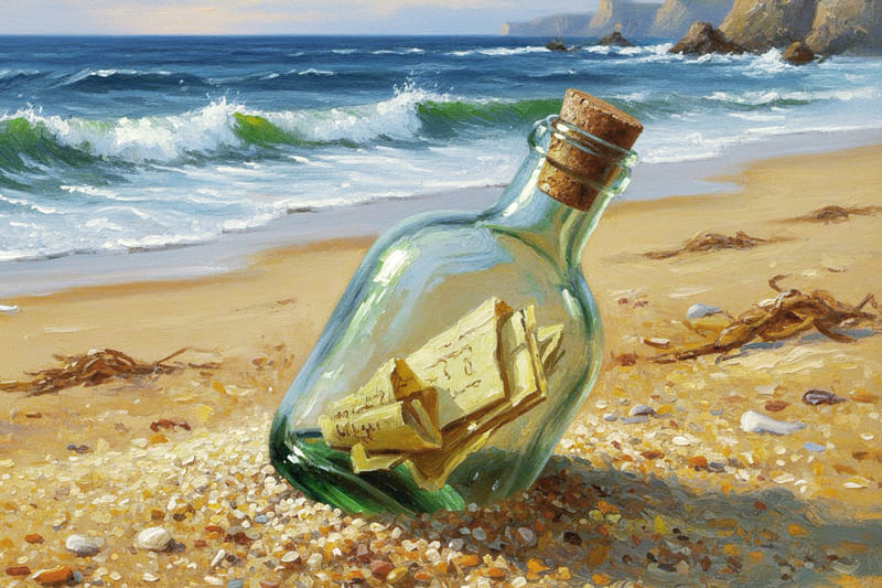 海岸にうちあがった緑のガラス瓶（中に紙片）