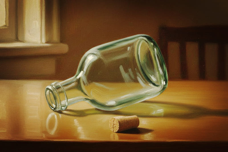 コルクが抜かれ、中身が取り出されたガラス瓶