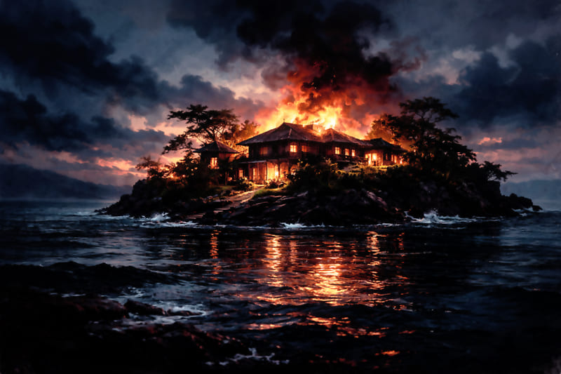 本土から見える十角館が燃える様子イメージ