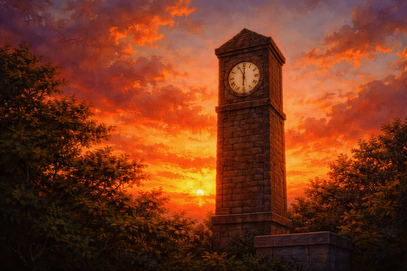 赤い夕陽に照らされた時計塔