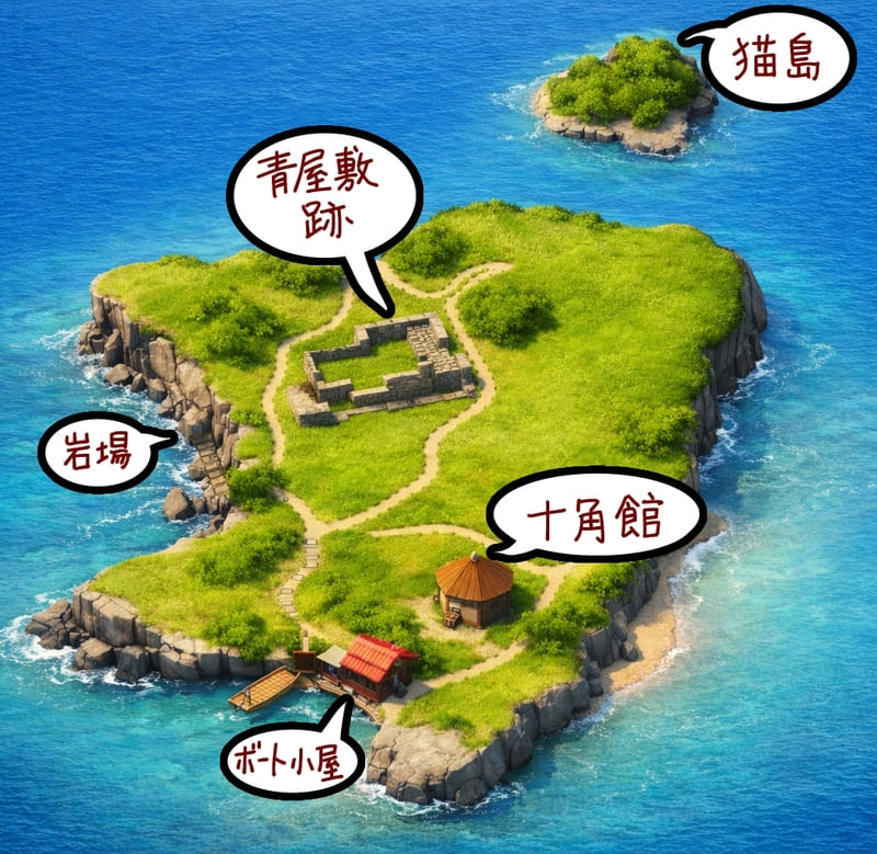 角島の立体図
下側にボート小屋、その斜め上に十角館、左は岩場となっており、中心付近に青屋敷跡がある。
近くに小さな島「猫島」がある。