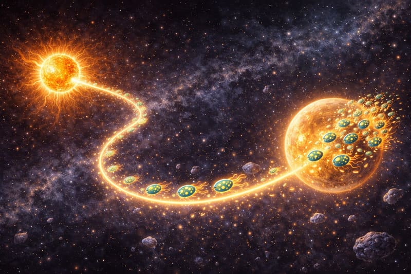 ペトロヴァ・ラインイメージ。
・太陽 → カーブしながら → 金星
・粒（微生物）が点々と並ぶ
・後ろに光の尾を引く
・全体として細い光の線になる