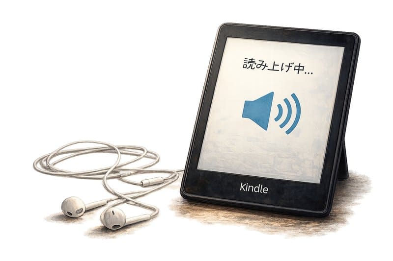 kindle端末が読みあげている様子とイヤホン