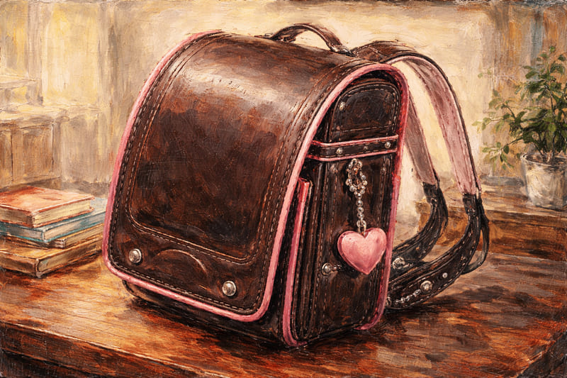 ひかりが選んだランドセルイメージ。茶色のランドセルで、ピンクの縁取りなどが入っている。