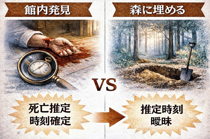 館内発見だと死亡推定時刻が確定してしまうが、森に埋めたことで死亡推定時刻が曖昧になる。
