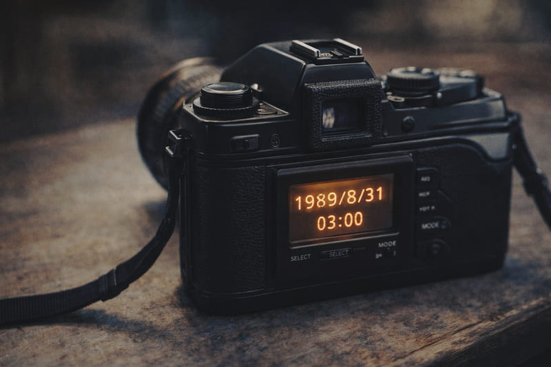 カメラの画面に「1989/8/31　03：00」という時間が映っている