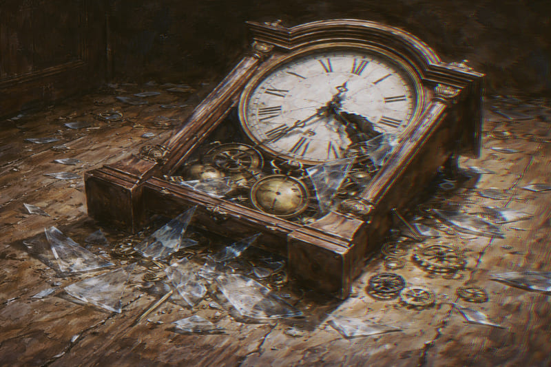 床に叩きつけられて壊れたアンティーク時計