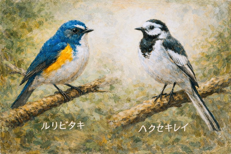 作中に登場する鳥。ルリビタキとハクセキレイ。