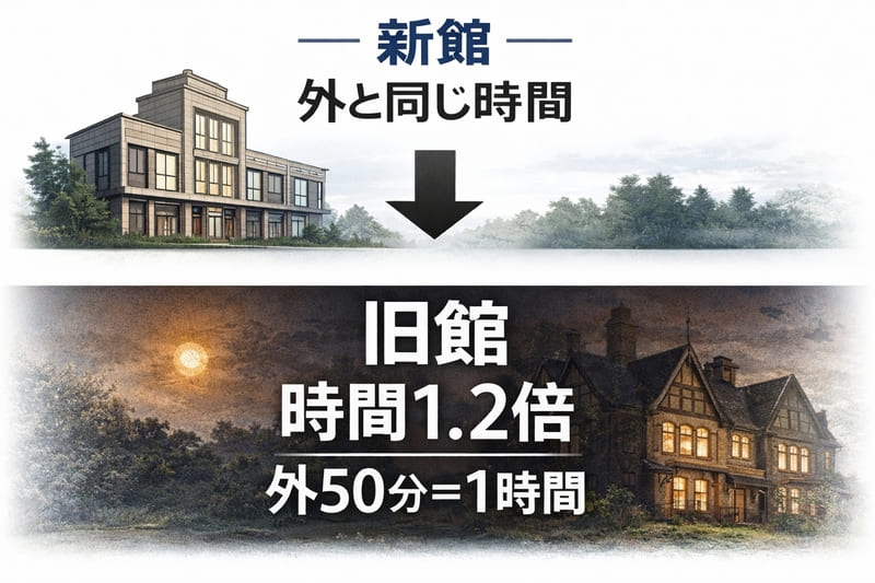 新館…外と同じ時間
旧館…時間1.2倍、外50分＝1時間