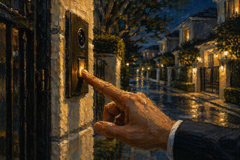 深夜に高級住宅街のチャイムを押す指