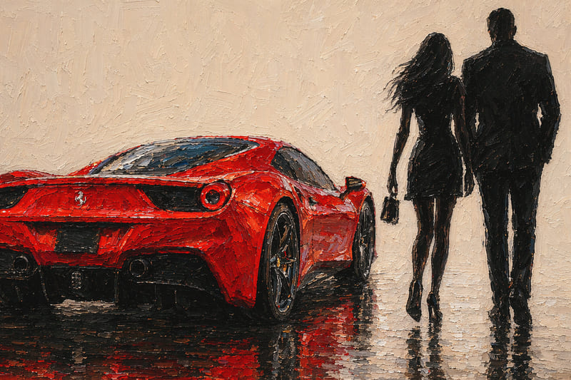 赤いフェラーリと派手な女性・大男のシルエット