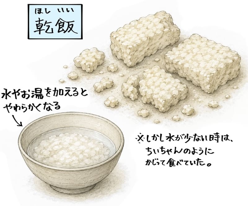 乾飯（ほしいい）イラスト。
水やお湯を加えると柔らかくなる。
しかし水が少ないときは、ちいちゃんのようにかじって食べていた。
