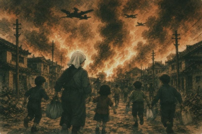 空襲を受けた町のイラスト