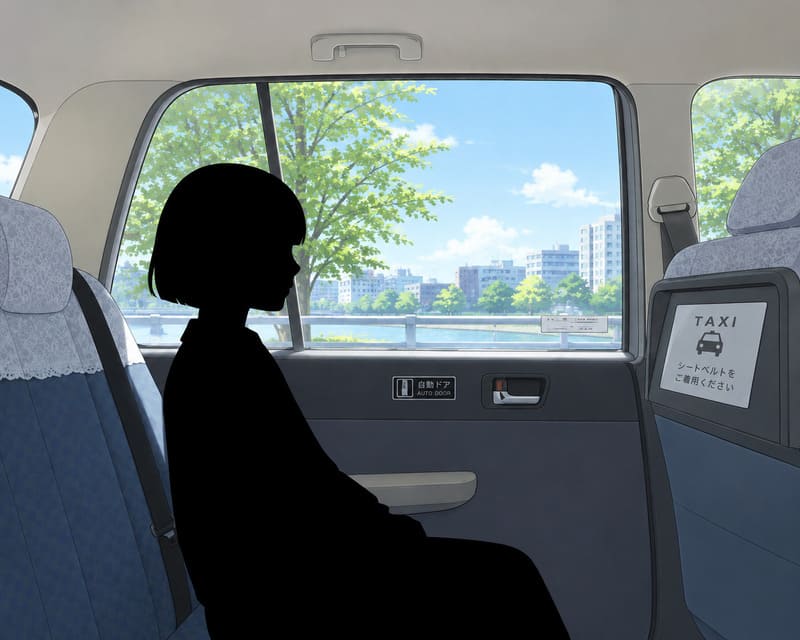 タクシーの後部座席に座っているおかっぱの女の子