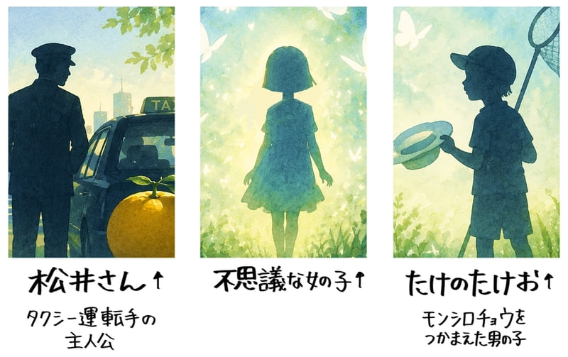 『白いぼうし』の主要登場人物である松井さん、不思議な女の子、たけのたけおを紹介したイラスト。