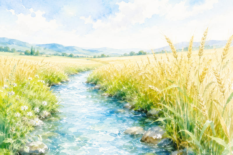 麦畑を流れる清水(清々しい景色)