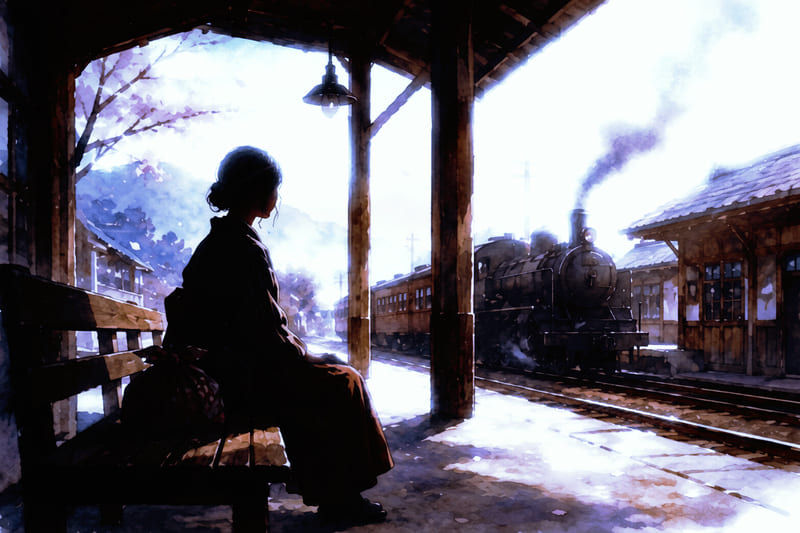 一人駅で待つ女性(戦時中1945年あたり)