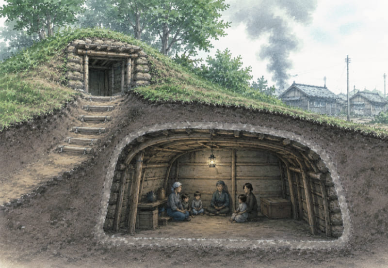 地下に掘られた防空壕のイラスト