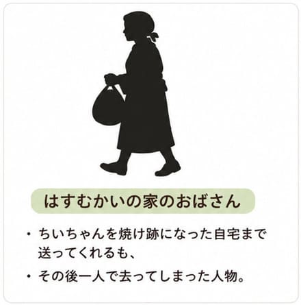 ・はすむかいの家のおばさん ちいちゃんを焼け跡になった自宅まで送ってくれるも、その後一人で去ってしまった人物。