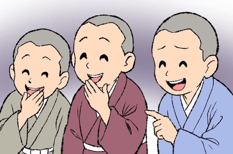 内供を見て笑う弟子たち3人
