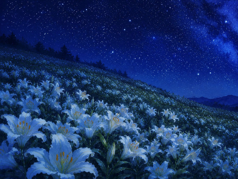 満点の星空が見える、百合が咲き誇る丘