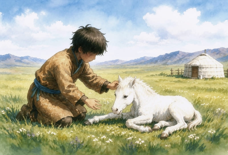草原で白い子馬を助けるスーホ