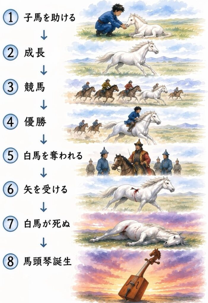 イラスト図解
①子馬を助ける
②成長
③競馬
④優勝
⑤白馬を奪われる
⑥矢を受ける
⑦白馬が死ぬ
⑧馬頭琴誕生
