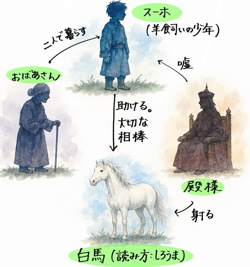 スーホの白い馬登場人物紹介イラスト。
・スーホ…主人公の羊飼いの少年。
・おばあさん…スーホと二人で暮らすスーホの家族。
・白馬(読み方:しろうま)…スーホが助けた白馬。スーホにとって大切な相棒。
・殿様。スーホに嘘をつき、白馬を射た権力者。
物語の主人公です。
貧しい羊飼いの少年ですが、とても心が優しく働き者です。