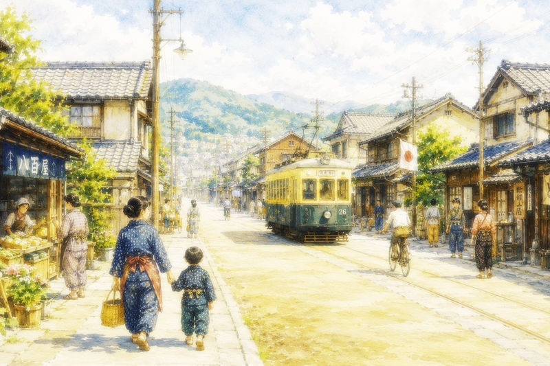 終戦前ごろの、日本の景色(まだ平和なほう。人々はモンペを着ている)