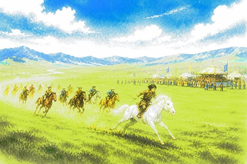 競馬大会で先頭を走るスーホと白馬