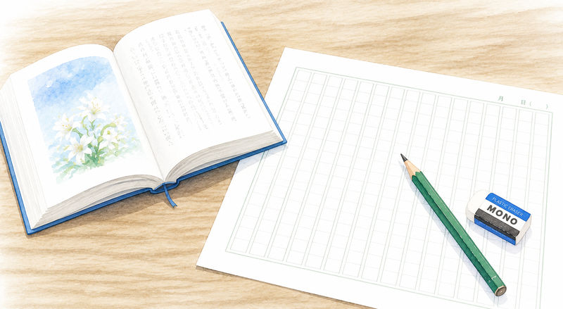読書感想文用の本と原稿用紙、鉛筆消しゴム