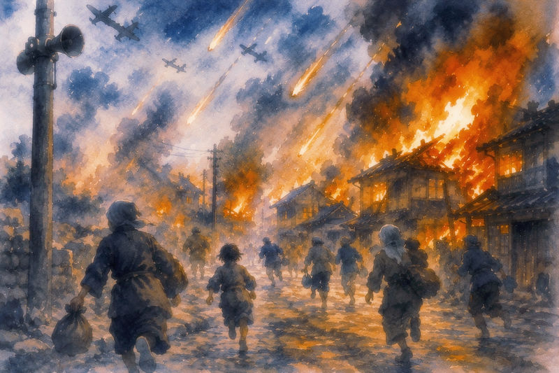 空襲警報の中、焼夷弾と火事から逃げ惑う人々