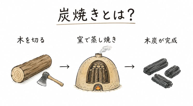 炭焼きとは?図解
木を切って、窯で蒸し焼きにすると木炭が完成する。