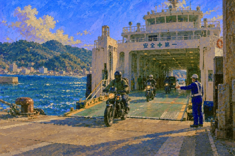 フェリーからバイクが出ていく画像